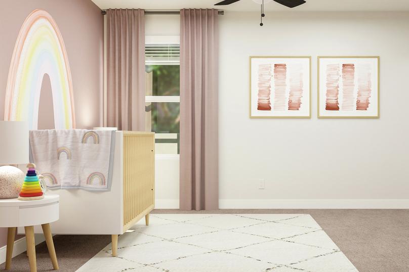 Rendering of a nursery featuring a crib
  and nightstands along a decorative accent wall.