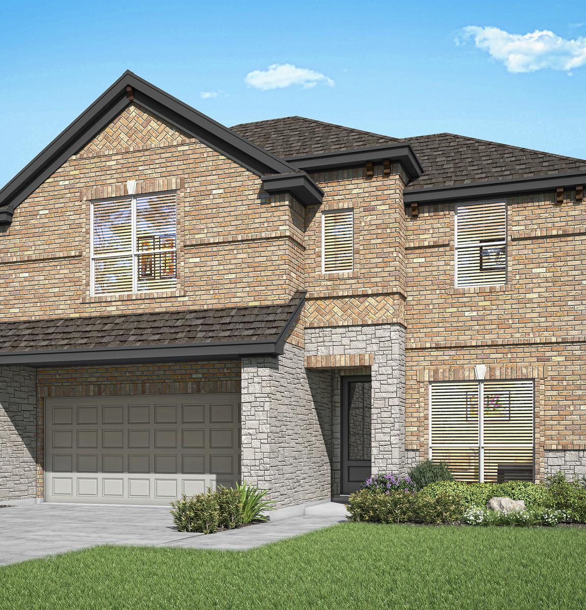 The Stevenson plan is a two-story home with a brick and stone exterior.