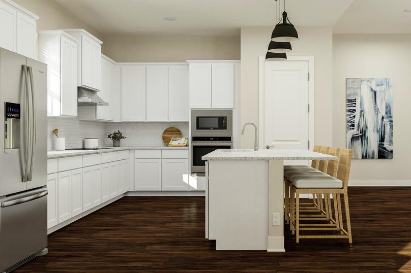 Rendering of spacious kitchen showing  white cabinetry, luxury tiled backsplash, a large island, and stainless steel  appliances with dark wood look flooring throughout.