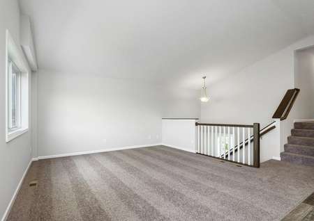Photo of spacious living room in a split level home with taupe carpet.