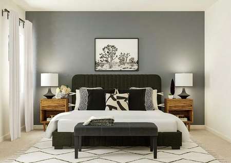 Rendering of the spacious master bedroom
  featuring a window and mirror on the left wall. A black fabric bed is against
  a gray accent wall and flanked by wood nightstands with black lamps.