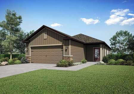 The exterior of the Alafia floor plan model home with a decorative two-car garage and a lush green grass yard.