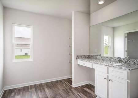 Master bathroom with a large vanity, white cabinets and vinyl flooring. 