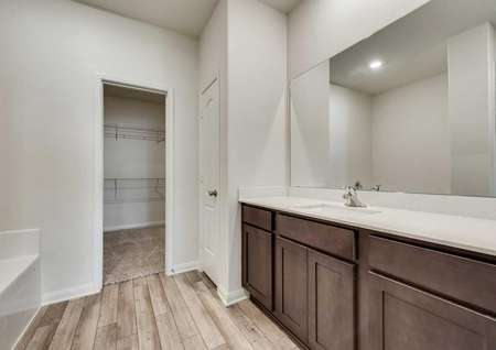 Cypress bathroom with large vanity, wood tile floors, and access to walk-in closet