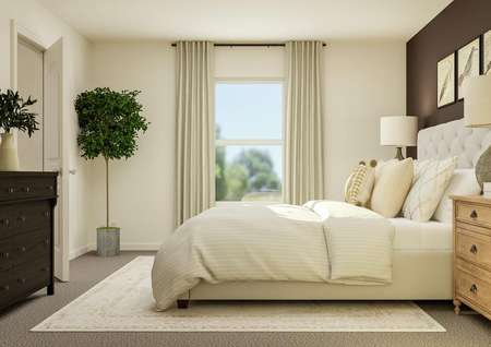 Rendering of the owner's bedroom
  featuring oversized furniture along a dark accent wall.