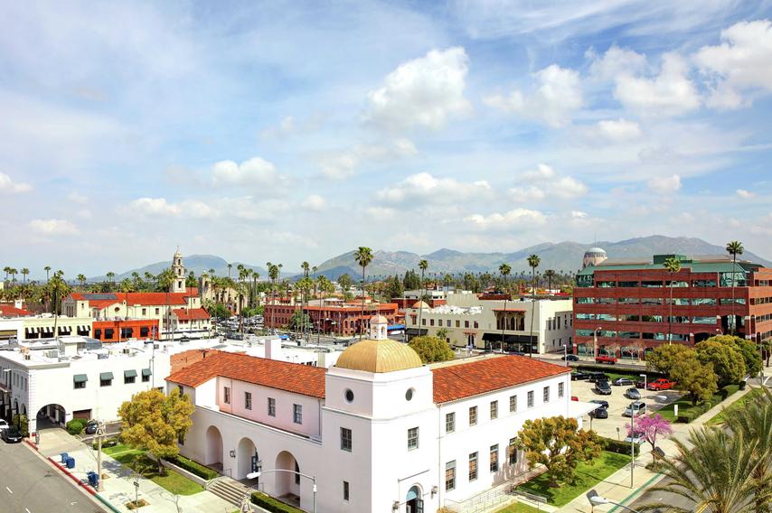 Riverside, California picture of historic buildings alongside modern offices and countless palmtrees