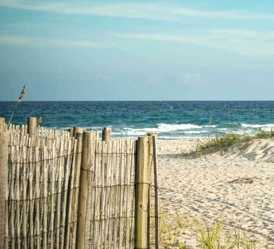 Wrightsville Beach, North Carolina sandy dunes on the beach with plants, ocean water, and sand