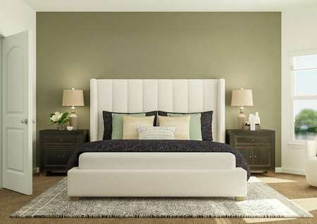Rendering of owners bedroom with green
  accent wall, large bed and additional seating.