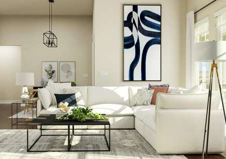Rendering of living room area showing a
  white sectional couch and large windows, a coffee table, accent chairs, and a
  view of the kitchen and dining space in the background with dark wood look
  flooring throughout.