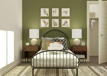 Rendering of the secondary bedroom
  featuring child's furniture and décor, with a view of the walk-in closet.