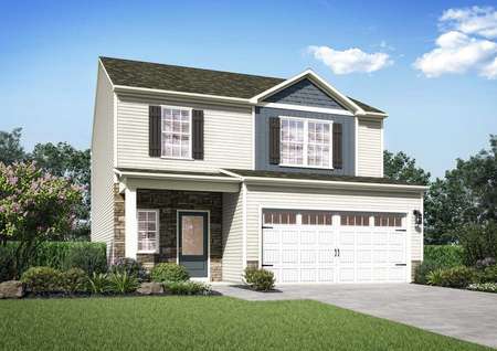 Avery house plan exterior front yard with green grass, paved driveway, and two-car garage