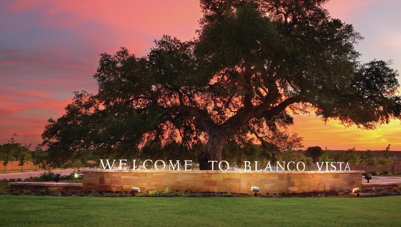 Entry monument at Blanco Vista in San Marcos, Texas.