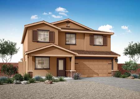 The 2-story Cimarron floor plan with a 2-car garage, professional landscaping, tan paint and brick detailing.