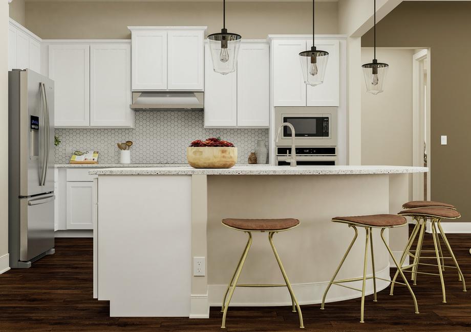 Rendering of spacious kitchen showing
  white cabinetry, a large white island with chairs and dÃ©cor, and stainless
  steel appliances with dark wood look flooring throughout.
