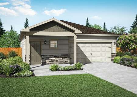 Exterior rendering of the Arkansas plan with tan siding and stone detailing