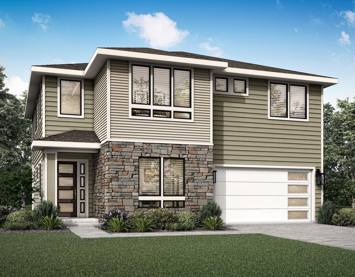 Two-story Cappuccino elevation rendering with stone accents.