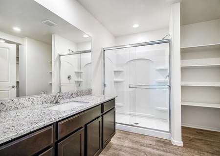 Stunning master bath with a large shower, sprawling counterspace, and shelves for storage.