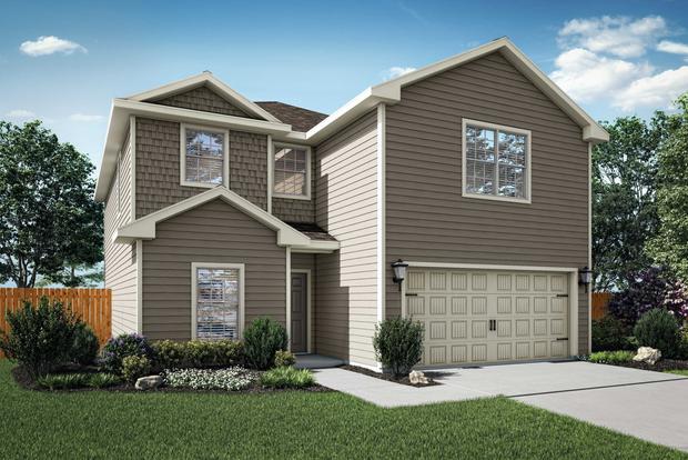 Rendering of the Driftwood plan with gray siding and shake siding.