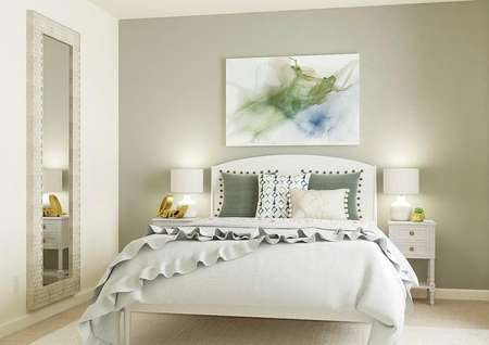 Rendering of a
  secondary bedroom with a window decorated with a light gray accent wall,
  white bed, two white nightstands, a large mirror and white rug.