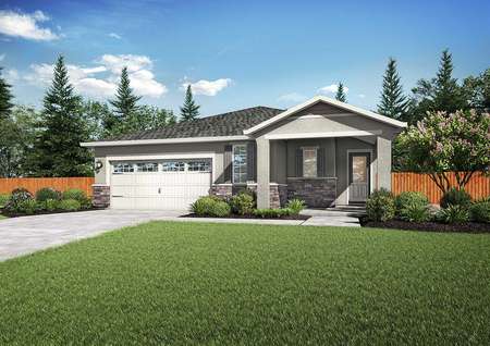 Baldwin exterior rendering with full landscaping, white two-car garage, and single story