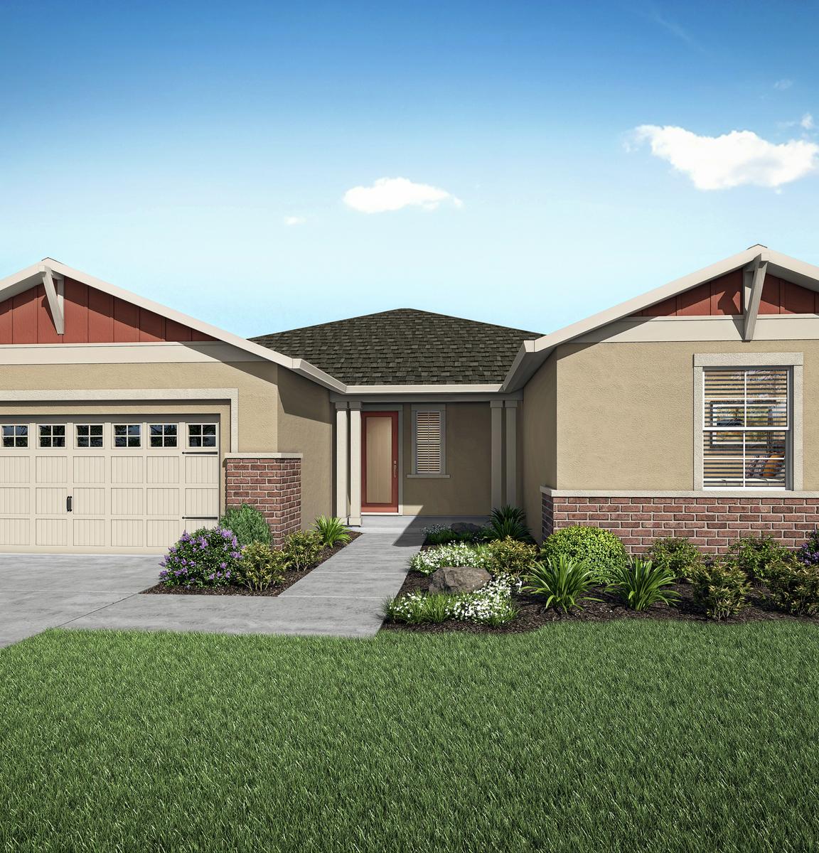 The Roosevelt plan is a single-story home with tan stucco and red siding accents.