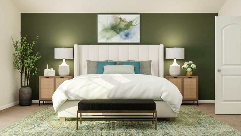 Rendering of the master bedroom with a
  large bed between two nightstands.