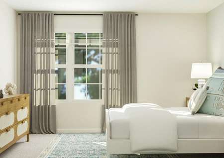 Rendering of a bedroom looking towards
  the large window. One side is the bed and opposite it is the dresser.