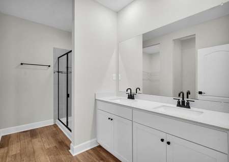 The master bathroom features double sinks and a large walk-in closet.