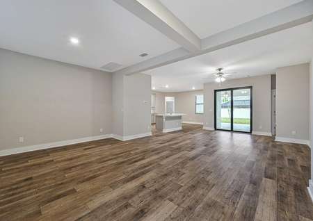 The family room of the Marathon is spacious and has direct access to the back patio through a sliding glass door.