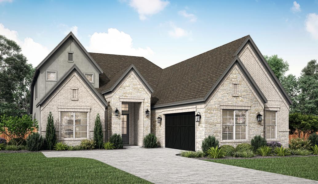 The Oakmont has a light brick and stone exterior with gray stucco.