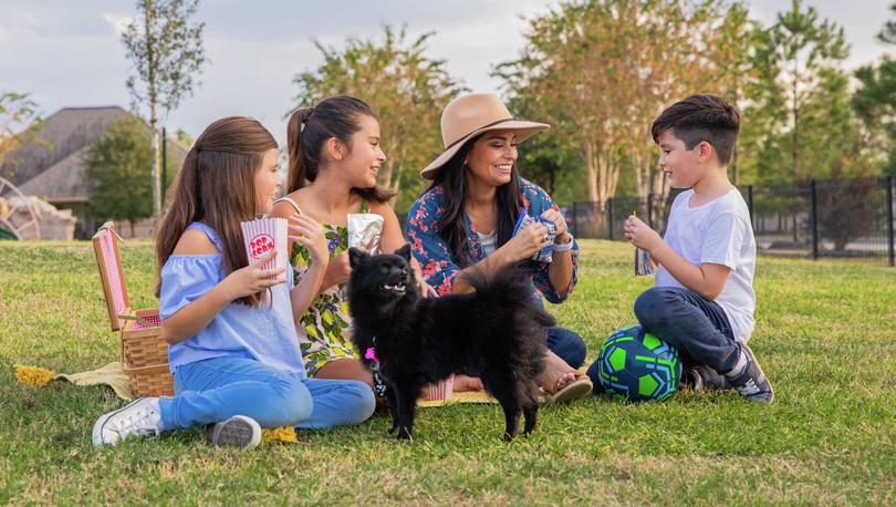 Family in the grass at the park eating snacks with their dog.