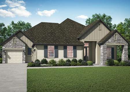 The Waycross has a gorgeous exterior with stone and siding as well as the added charm of window shutters.