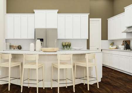 Rendering of spacious kitchen showing
  white cabinetry and large white island with chairs and décor with dark wood
  look flooring throughout and a view of the entryway on the left.