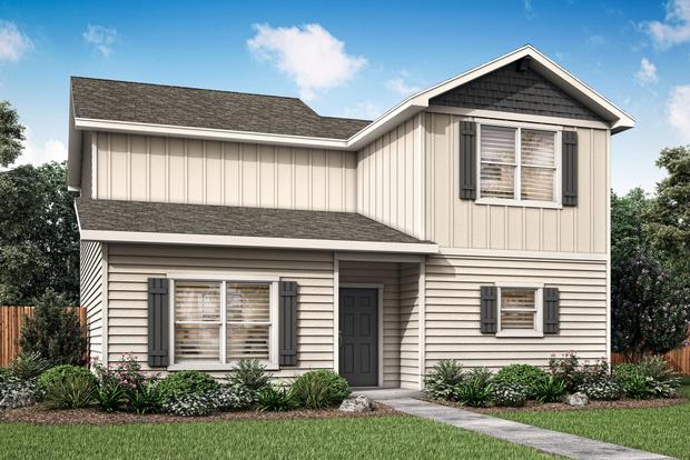 The Davis is a single-family home with light siding and professional front yard landscaping.