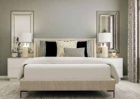 Rendering of a bedroom furnished with a
  large bed between two nightstands and mirrors.