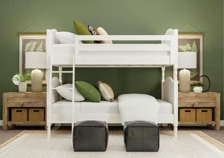 Rendering of a secondary bedroom
  featuring a set of bunk-beds, two nightstands, and wall décor along a green
  accent wall.