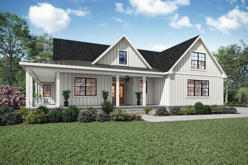 Elevation rendering of the two-story Kennesaw with a wraparound porch and white siding.