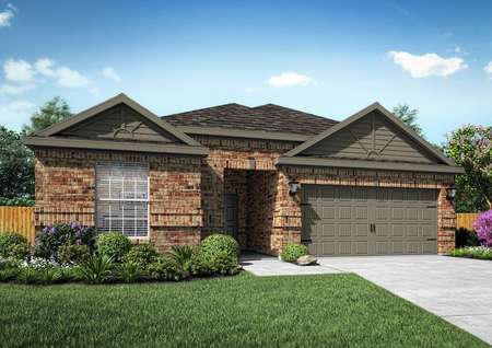 Rendering of single-story home with brick exterior and dark gray siding accents.