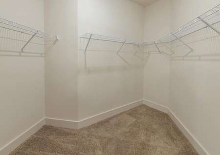 This carpeted walk-in closet is located in the master retreat.