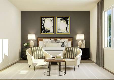 Rendering of the spacious owner's suite,
  complete with large furniture and seating area.