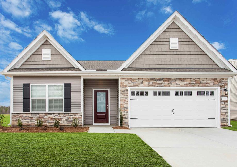 Allatoona exterior elevation front with rock façade, green grass, and carriage-style garage 